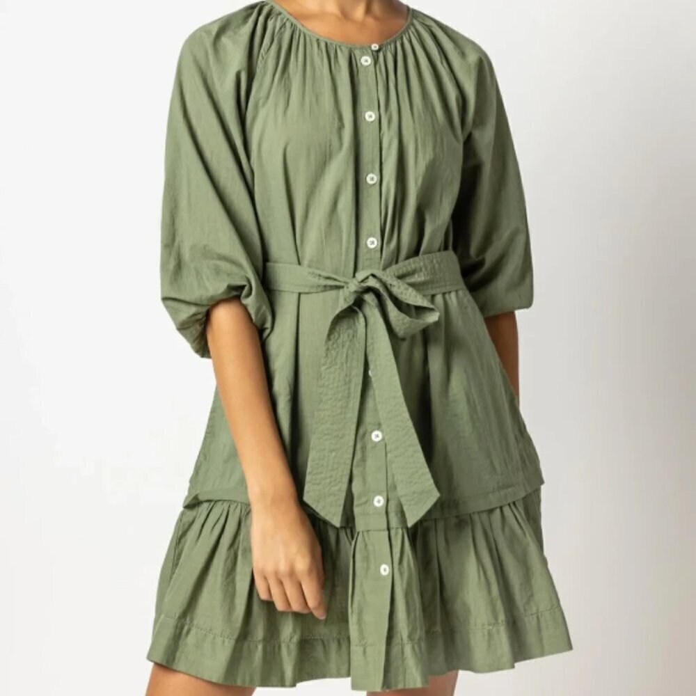 Lilla P Olive Green Button-Front Tie-Waist Tiered Dress